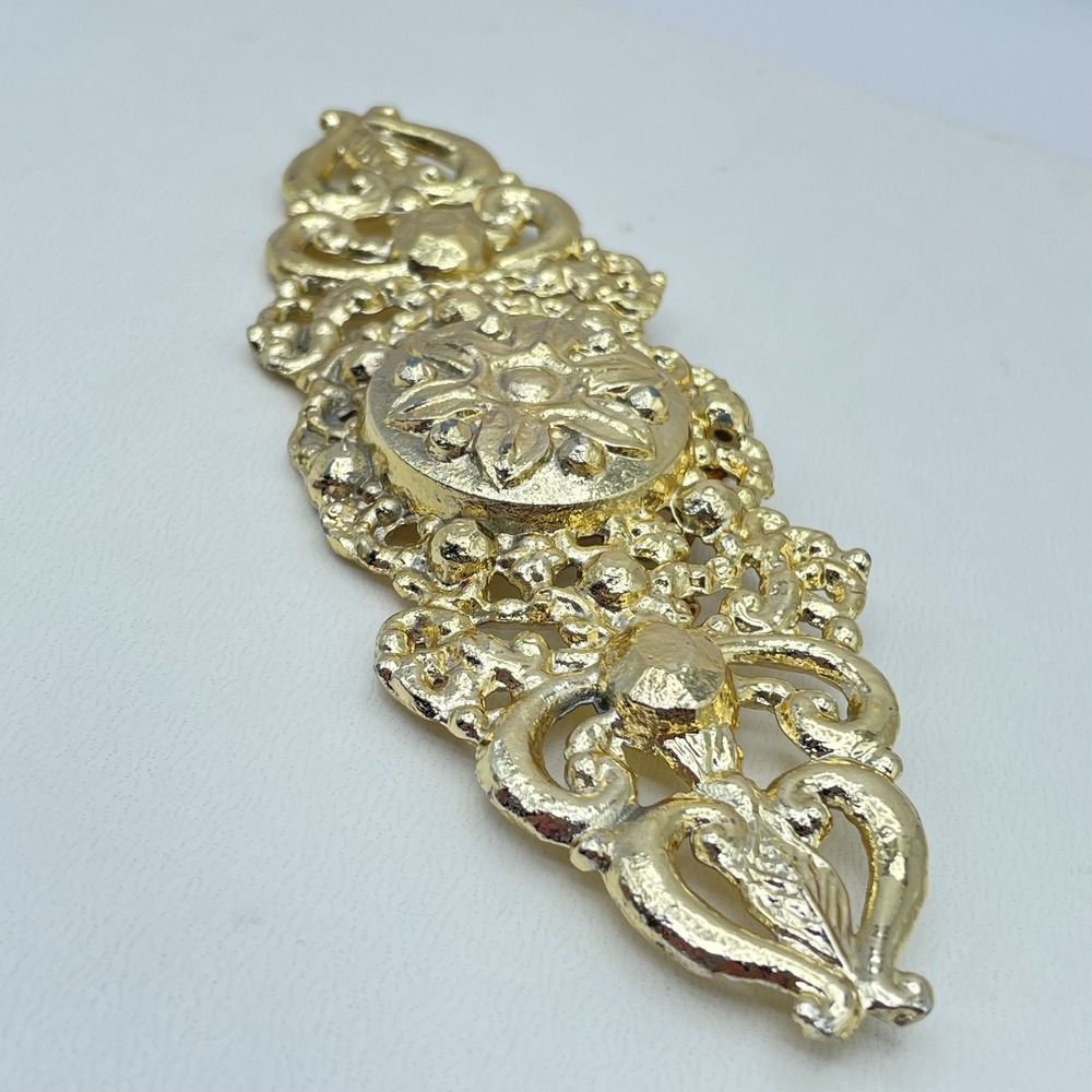 Vintage 90s Filigree Open Weave Scrollwork Glossy Gold-Tone Brooch Pin Jewelry
